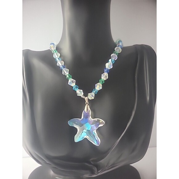 Vintage Necklace Beaded Iridescent Pendant Star Woman Jewelry Costume - Picture 4 of 11